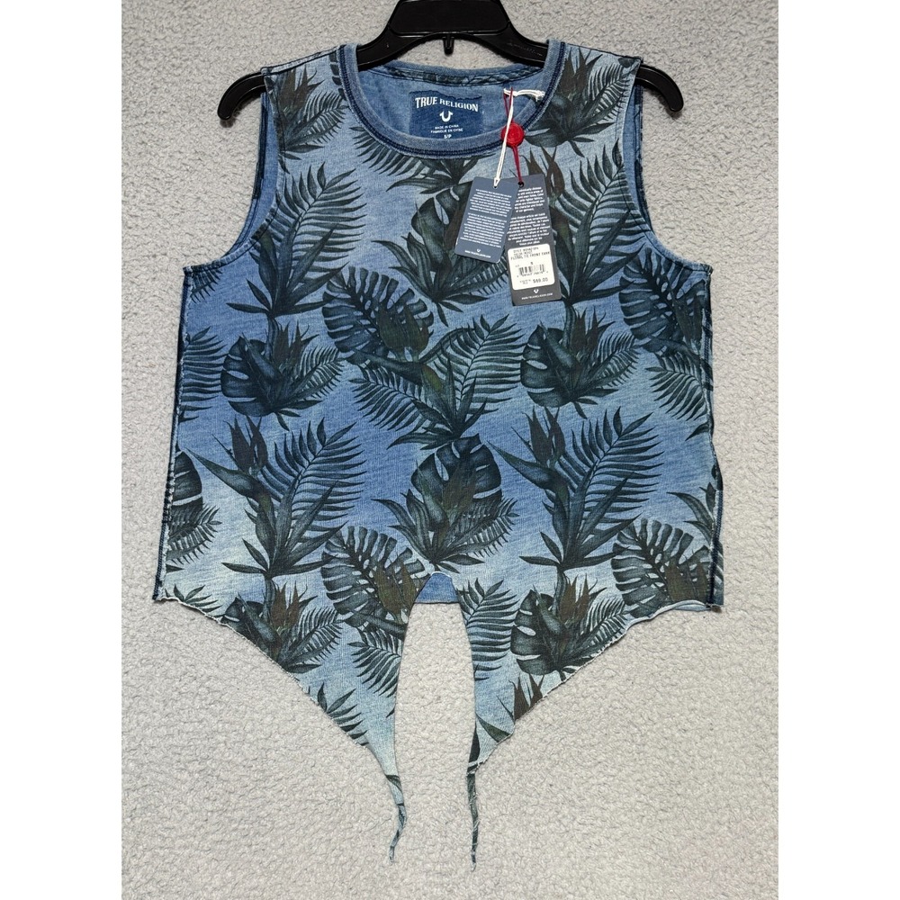 True Religion Tropical Palm Floral Tie Front Tank Top Shirt Indigo Womens S NEW